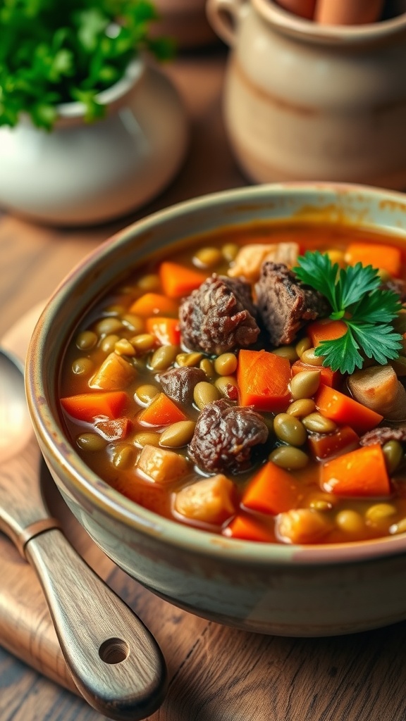 A comforting bowl of beef and lentil soup with carrots and parsley on a rustic table.